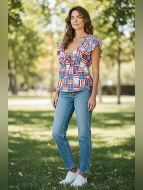 crown & ivy Red, White & Blue Ruffle Tie-Front Peplum Top